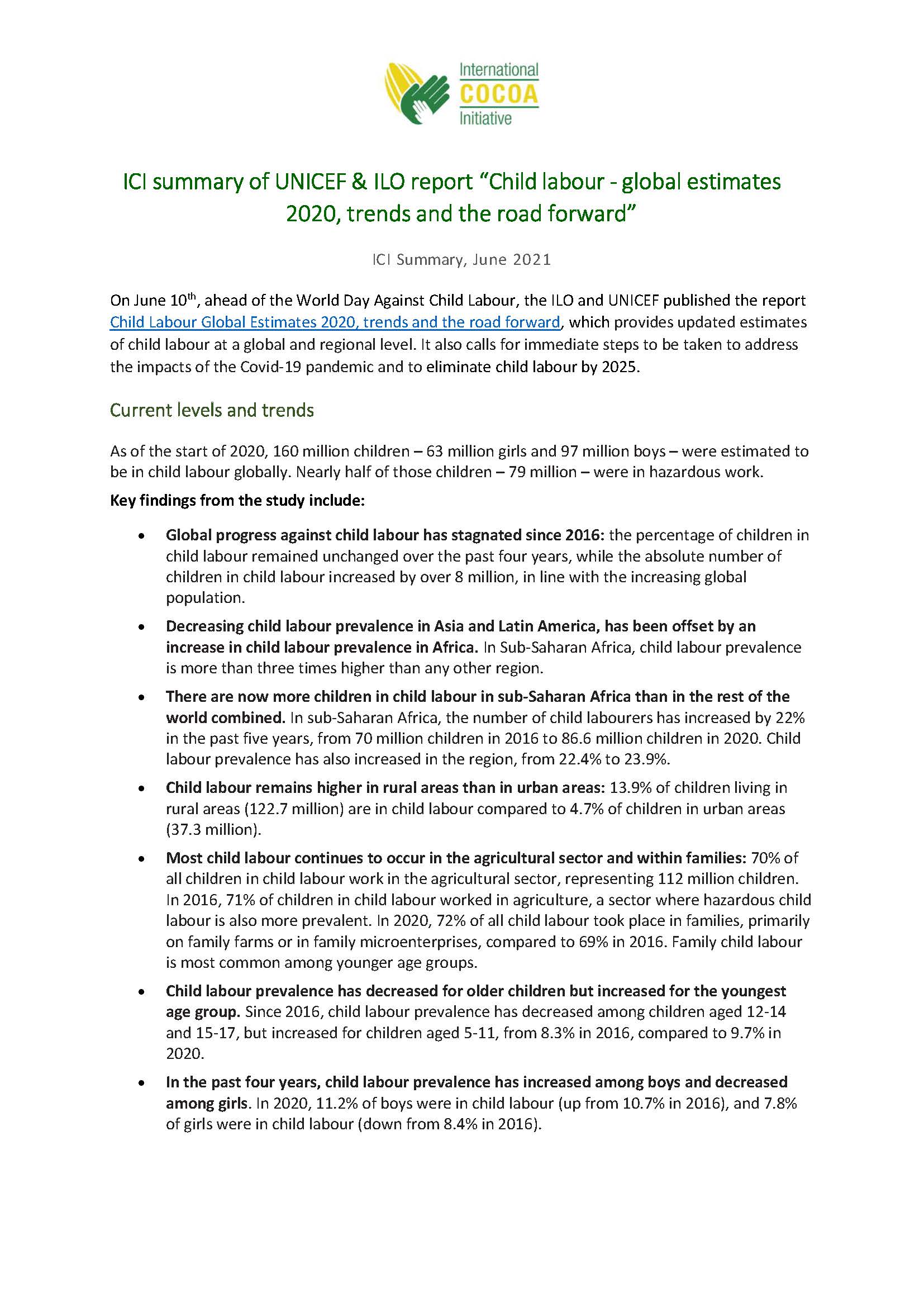 ICI Summary: Child Labour Global Estimates 2020