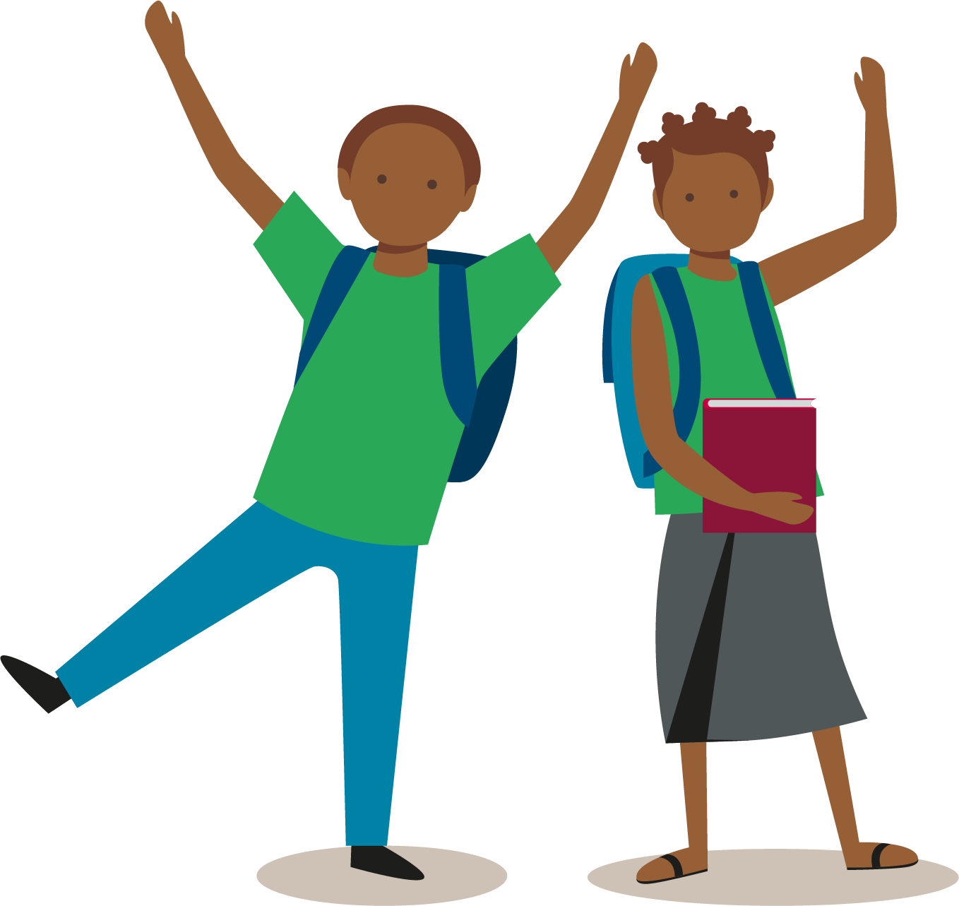 A school boy and girl with uniforms, backpacks and a school book