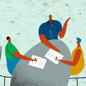 illustration: 3 people around a table signing contracts